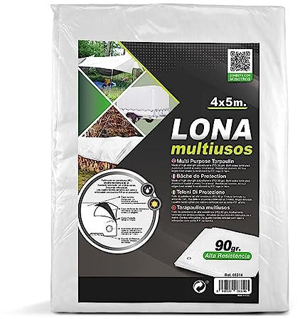TIENDA EURASIA - Lona Multiusos Blanca, Material Resistente al Agua, Lona Protectora, Impermeable, con Ojales de Aluminio (4 x 5 m)