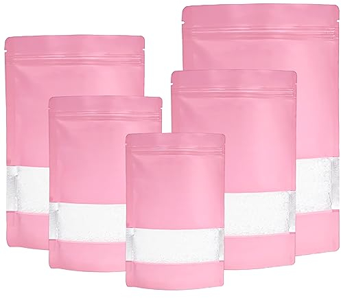 50pcs Mylar Bags Stand up,Resealable Mylar Bags With Window,Pink Smell Proof Bag Aluminum Foil Pouches,Reusable Baggies Heat Seal Packaging Bag for Food Storage (14x20cm - 50 pcs, Pink)