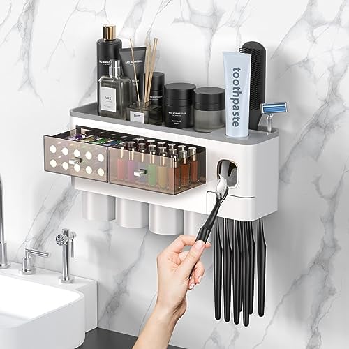 Toothbrush Holders for Bathrooms Wall Mount, 4 Cups Toothbrush Holder with Toothpaste Dispenser,Large Capacity Tray, Transparent Drawer for Bathroom Organizer & Bathroom Organization and Storage