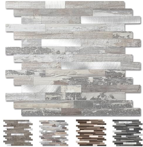 Yipscazo 20 - Sheet Peel and Stick Wood Metal Tile Backsplash, Stick on Tiles for Backsplash Kitchen, Bathroom, Laundry Room, Camper, Fireplace (12'' X 12'', Rustic)