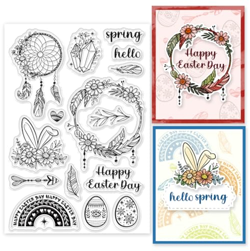 INFUNLY Klarer Stempel „Osterei“ Wiederverwendbar Traumfänger-Stempel Blätter Kranz Silikonstempel Osterworte Gummistempel Für Ostern Kartenherstellung Journaling Scrapbooking DIY-Karten Album