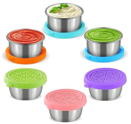 PIQIUQIU Lot de 6 récipients à vinaigrette - 50 ml - Avec couvercles - Récipients à sauce pour boîte à lunch - Récipients de rangement anti-fuite pour les voyages du déjeuner