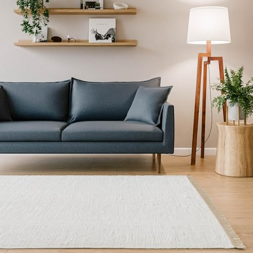 Interiyou Toledo Teppich aus Baumwolle - 200x300 cm Weiß - Handgewebter Teppich mit Fransen für Wohnzimmer, Schlafzimmer, Kinderzimmer, Esszimmer, Küche oder Flur