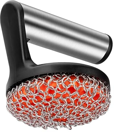 LIGUSTRUM Estropajo de hierro fundido con limpiador de cadena de acero inoxidable para sartenes y sartenes – Utensilios de cocina de hierro fundido, hornos, fácil instalación