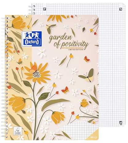 Oxford A4 Collegeblock kariert mit Doppelrand, 160 Seiten, Limited Edition Blumen, 1 Stück, kein Farbwunsch möglich