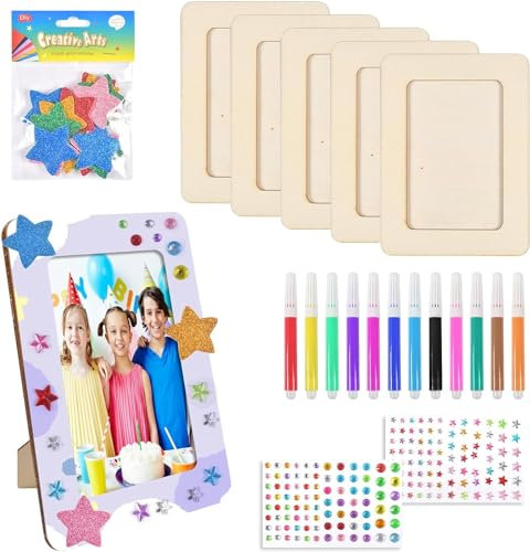 UieaMsio 6 StÜCk Bilderrahmen für Diy Holzfarbe Bilderrahmen Bastelset Kinder Bilderrahmen Set Holz Selbstklebende Glitzersteine Glitter Moosgummi Sticker Holzbilderrahmen Kinder für Geburtstage