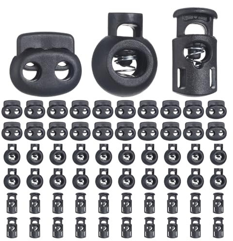 60 Stück 2-Loch Kordel Stopper, Kunststoff Kordelklemme Doppelloch Zugkordel Gummikordel Stopper Federschnurschlösser Schwarz Schnurstopper für Kordelzug Kleidung Paracord Schnürsenkel Kleidung