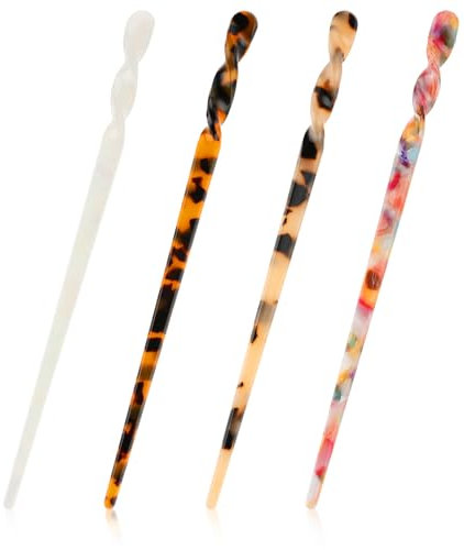 Gjinxi 4Pcs Acetate Hair Sticks Vintage Tortoise Shell and Leopard Print Hairs Pins Classic Bun Hair Chopsticks and Hairs Forks Retro Styling Accessories Elegant Headpins for Creating Stylish Updos