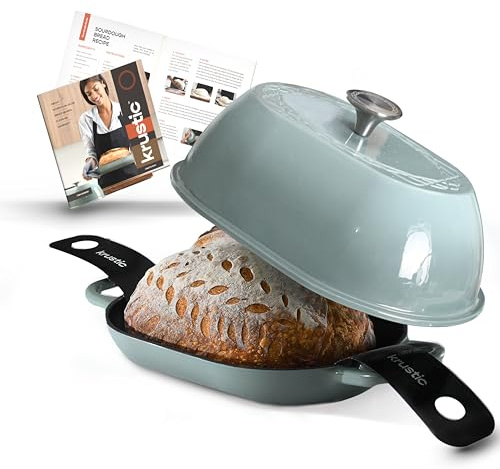Krustic Enameled Cast Iron Dutch Oven for Professional Sourdough Bread Baking | 5.5 Quart Loaf Size Oval Cookware Pot with Lid | Triple-Layer Enamel Coating Pan with Non Stick Silicone Mat | Sea Salt