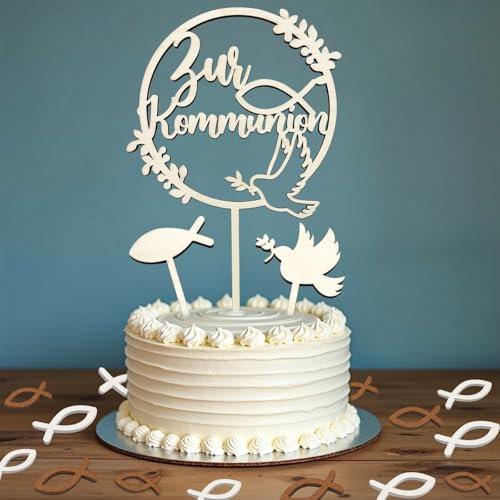 Tortendeko Kommunion, Cake Topper Kommunion Deko Junge Mädchen, 48 Holzfische Streudeko Tischdeko Erstkommunion Deko