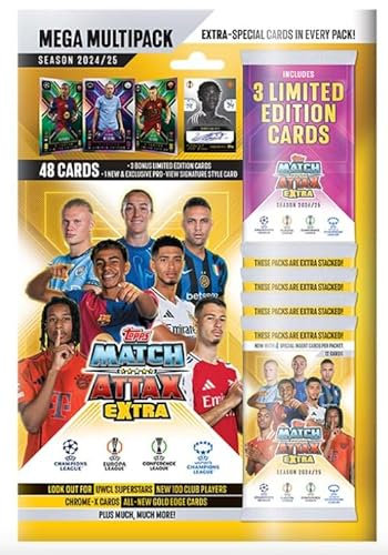 Topps Match Attax EXTRA UEFA Champions League TC 2024/2025 | Mega Multipack | 48 Karten + Limitierte Karten + Signature Style Card + Heartforcards® Versandschutz