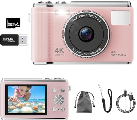 Appareil Photo Numérique, 4K​​ Autofocus 50MP Appareil Photo Enfant, Zoom 16X, Flash, Anti-Shake, ​​Appareils Photo Numériques Compact​​ Portable Petit Prêt à Shooter pour Enfants Adultes ​​Débutants​