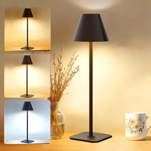 sailsco LED Tischlampe Kabellos,Dimmbare Nachttischlampe Touch,Akku Tischleuchte Kabellos,Indoor Outdoor Tischlampe Akku,3000K-6500K/3 Farben,IP44 Wasserdicht,Vollmetallgehäuse,Schwarz,1 Stück