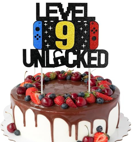 Videospiel Tortendeko 9. Geburtstag Junge Mädchen, Doppelseitig Glitzer Gaming Cake Topper 9 Jahre, Spielkonsole Themen Geburtstag Deko, Kuchenaufsatz für Zocker Party Dekoration
