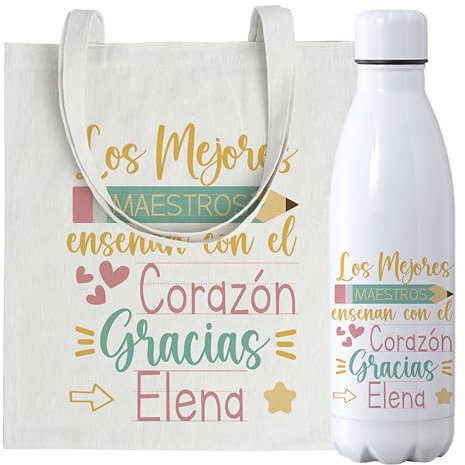 Regalos de Fin de Curso para Profesores, Tote Bag y Botella Térmica Profesora, Regalos Profesores Personalizados, Regalo para Maestra de Infantil (Los mejores maestros)