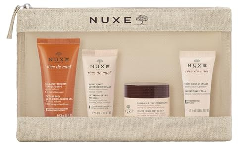 Nuxe Indulge in Reve de Miel Skincare Gift Set - Face & Body Cleansing Gel 30ml, Comforting Face Balm 15ml, Honey Body Oil Balm & Hand & Nail Cream 15ml, Travel Set That Repairs, Nourishes & Protects