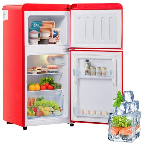 Frigorífico Retro De 60 Litros, Mininevera Con Congelador, Combinación Frigorífico-Congelador, Congelador De 22 Litros, Frigorífico De 38 Litros, Clase Energética E, 102 Kwh/Año,Red