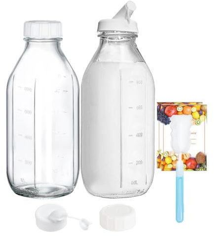 Yumzxin 2 Pack 32 Oz Glass Milk Bottles with Silicone Pour Spout & Airtight Lid – Reusable Drink Containers with Measurement Marks for Milk, Juice, Iced Coffee Storage