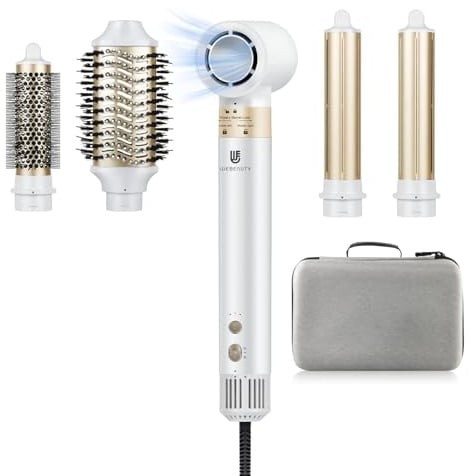 webeauty 6 in 1 Airstyler, Hochgeschwindigkeit Föhn mit Föhnbürste-Weiß | 110,000U/Min,30M/S, Föhn mit Föhnbürste, Rundföhnbürste, Air Lockenstäbe, 500 Millionen Negative Ionen Hairstyler