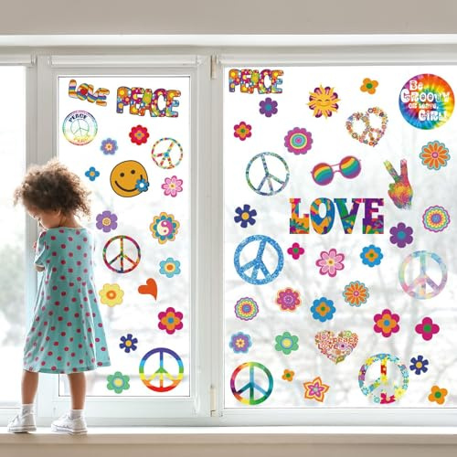 Gleemix Hippie Fensteraufkleber, Selbstklebend Fensterbilder Karneval, 4 Blatt Fenstersticker Hippie, Wiederverwendbar Karneval Deko Fenster für Party