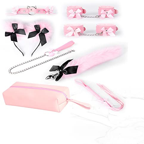 JiXGzAo SM Bondage Anzug Sexspielzeug Anal Plug Mit Fuchsschwanz Peitsche Zugschnur Halsband Handschellen Fußfesseln Aufbewahrungstasche Fuchsfee Haarband For Frauen Männer