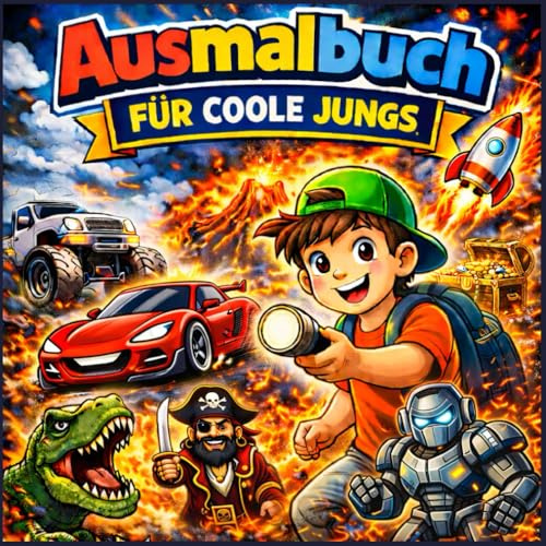 Ausmalbuch für coole Jungs: Das perfekte Geschenk für Jungs ab 6 jahre, über 70 Motiven, mit Dinos, Autos, Robotern,Piraten, Indianern, Astronauten, ... zum Entspannen, Kreativität fördern,