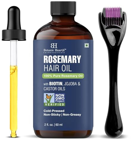 Botanic Hearth Rosmarinöl haare mit Derma Roller 60 ml | Haaröl mit Biotin, Jojobaöl, Rizinusöl und Derma Roller für kräftigeres, voller wirkendes Haar.Haaröl für Haarwachstum mit