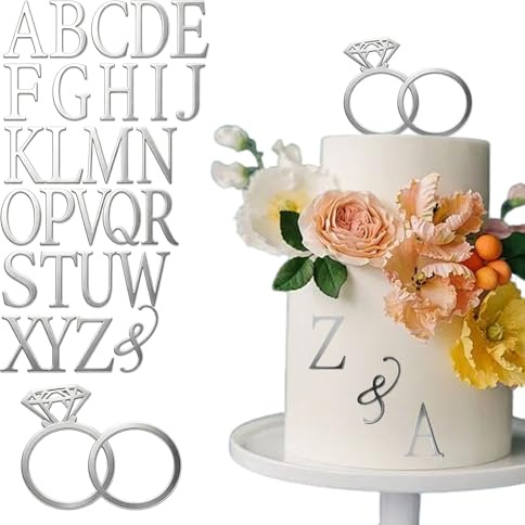 Floruvia Wedding Cake Topper Diamond Ring Cake Topper mit 26 Buchstaben Personalisierbar Braut und Bräutigam Initialen Schild(Silber)
