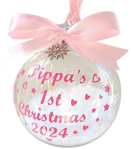 Personalised Bauble Printed with your Baby's Name! ~ Baby's First 1st Christmas 2024 ~ Ribbon/Print available in Red, Gold, Silver, Pink, Blue!