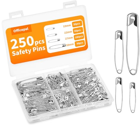 Officepal Premium Quality 4er-Pack Sicherheitsnadeln - Top 250 Stück - Langlebiges, rostbeständiges Set aus vernickeltem Stahl - Bestes Nähzubehör für Babykleidung, Kunsthandwerk, Kunst (4 Größe M)