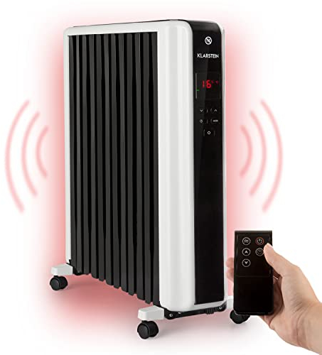 Klarstein Thermaxx 2500 Ölradiator - elektrische Heizung, 2500 Watt Leistung, 5-35 °C, spezielle Rippenform, LED-Display, 24h-Timer, geringes Gewicht, inkl. Bodenrollen, weiß-schwarz