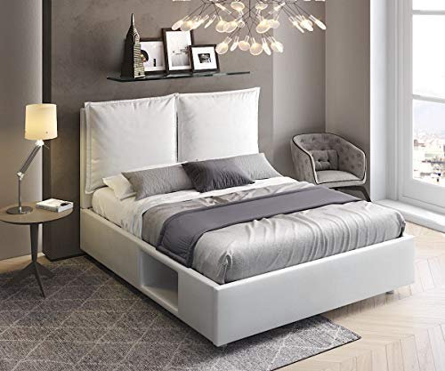 Doppelbett mit Stauraum und Bücherfach, Kunstleder, waschbar, gepolstertes Kopfteil, Weiß, 170 x 205 x 110 cm, hergestellt in Italien (STI)