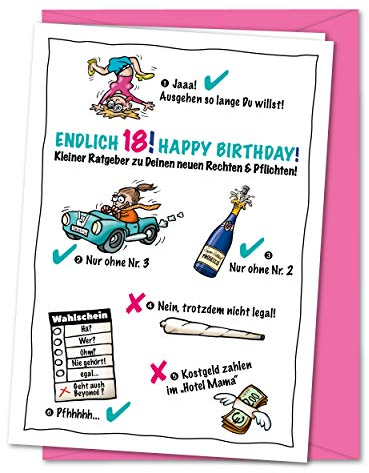 Geburtstagskarte zum 18. Geburtstag - weiblich, lustig und frech - zur Volljährigkeit, Karte zum 18., zum Erwachsen werden - für Mädchen, Mädels, Töchter - XL Karte inklusive Umschlag (DIN A5)