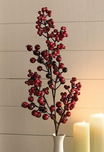 Dekozweig Rote Beeren, 73cm hoch, Kunstpflanze, Kunstzweig, Herbstdeko, Winterdeko
