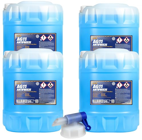 4x 20 L MANNOL Kühlerfrostschutz Longterm Antifreeze AG11 blau + Auslaufhahn Typ G11