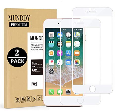 MUNDDY - Pack DE 2 Protectores de Pantalla Completa Full Glue Dureza 9H sin Burbujas .Full Glue Cristal Vidrio Templado de Cobertura Completa con Bordes Redondeados (para iPhone 7 / iPhone 8, Blanco)