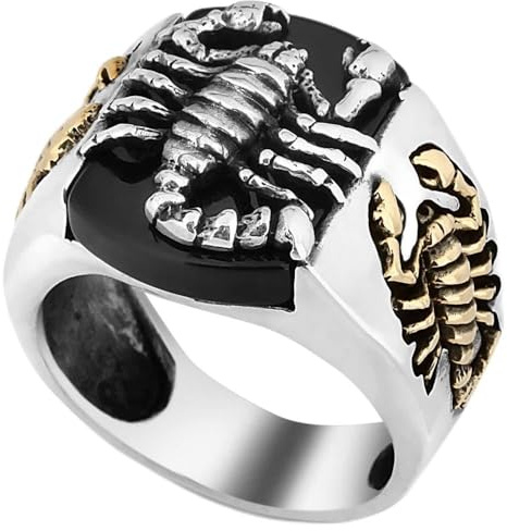 Herren-Ring aus massivem 925er-Sterlingsilber, Skorpion-Figur, Onyx-Stein (13), 925er-Sterlingsilber, Metall, Onyx