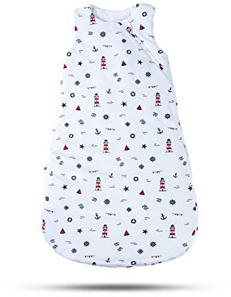 R&M ORIENT Ganzjahres Babyschlafsack – Standard 100 Oeko-TEX – Bequem & Atmungsaktiv aus 100% Bio-Baumwolle – Seitlicher 2-Wege-Reißverschluss – 2.5 TOG (Leuchtturm; 70 cm; 0-6 Monate)