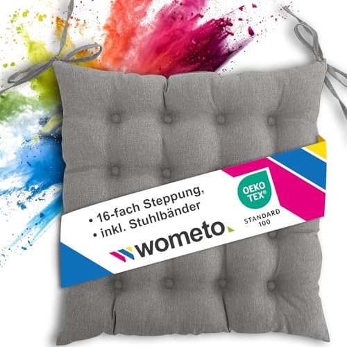 wometo Sitzkissen Stuhl 40x40 Oeko-TEX - grau Mittelgrau Sitzpolster Stuhlkissen mit Bändern/Schleifen für Indoor und Outdoor