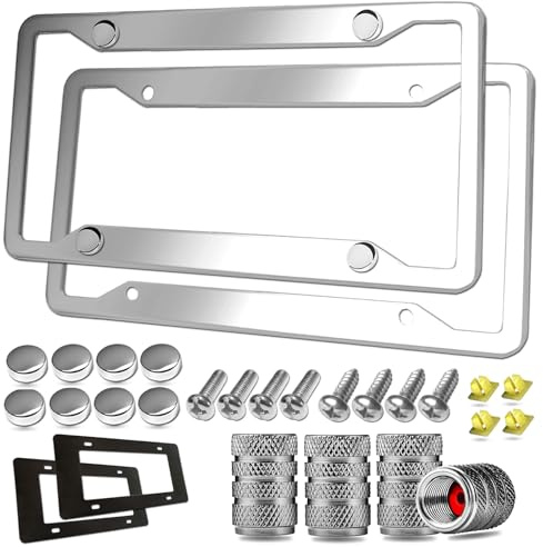 Stainless Steel License Plate Frames- 2 Pack Mirror Polished Car Plate Holder, with Screws, Chrome Caps, Heavy Duty Rustproof Metal Front Rear Car Tag Frame