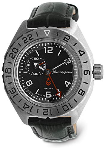 Vostok Komandirskie 650539 GMT automatische mechanische Taucherarmbanduhr mit Automatikaufzug, Leder, Militär
