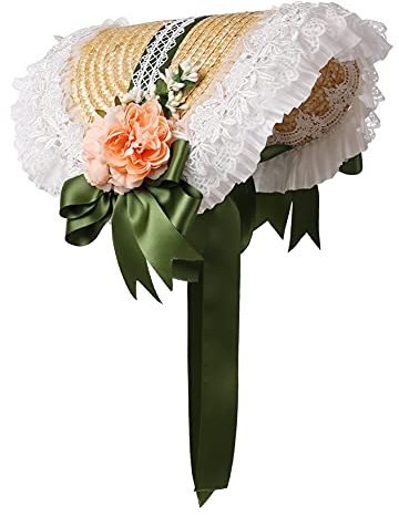 COSDREAMER Sombrero de Sol Victoriano para Fiesta de té para niñas y Mujeres, Lazos, Flores, Sombreros de Paja (A)