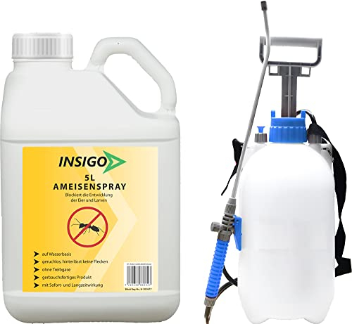 INSIGO Ameisenspray 5 Liter + 5 Liter Sprüher| Hochwirksames Ameisen Mittel | Fleckenfreie Ameisen Abwehr | für Larven & Eier auf Wasserbasis
