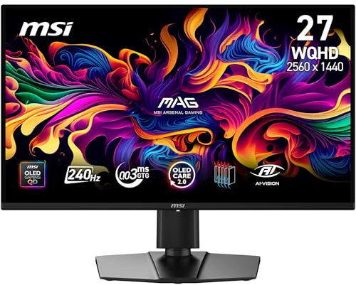 MSI MAG 274QP QD-OLED X24 27-Inch WQHD Gaming Monitor, 2560 x 1440 Quantum Dot OLED Panel, 240Hz, 0.03ms, G-SYNC Compatible, AMD FreeSync Premium, HDMI2.1, DP 1.4a, Tilt/Height Adjustable, Black