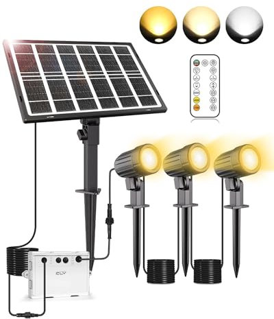 CLV 3 in 1 Solar Spotlights Outdoor Garden, Solar Landscape Garden Spotlights IP66 Waterproof Solar Powered Garden Floodlights Spike Lights 2700K/4000K/6500K with Remote for Garden Pathway Yard Patio