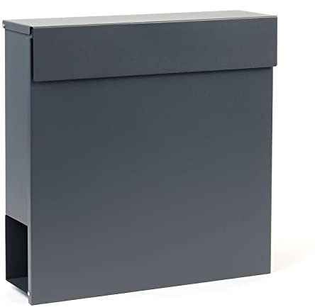 Wiltec Designer Briefkasten V49 anthrazit 370 x 105 x 370 mm, Wandbriefkasten mit Schloss und Zeitungsrolle, Postkasten aus pulverbeschichtetem Stahl