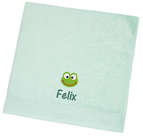 Wolimbo Handtuch Bestickt mit Namen und Motiv - 50x100 cm - Mint - weiches Badehandtuch - Geschenk
