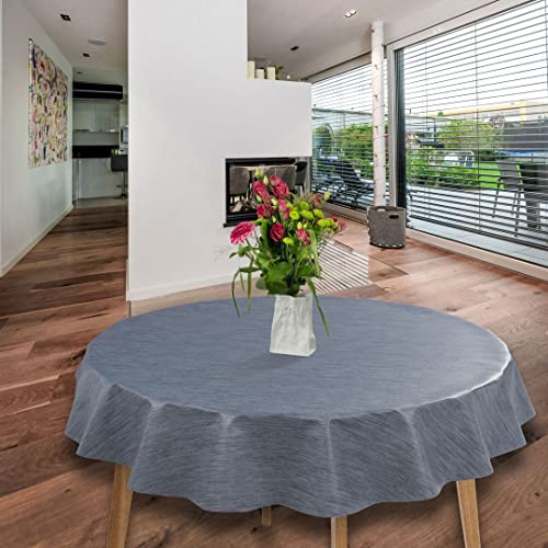 laro Wachstuch-Tischdecke Abwaschbar Garten-Tischdecke Wachstischdecke PVC Plastik-Tischdecken Eckig Meterware Wasserabweisend Abwischbar GAC, Muster:Leinenoptik Grau Blau, Größe:140cm Rund