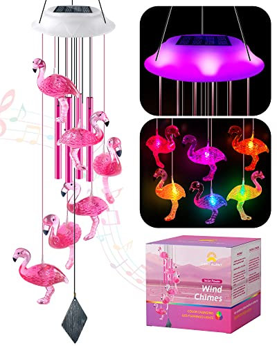 Carillon éolien solaire flamant rose, cadeau flamant rose pour femme/maman/elle, carillon éolien à DEL à couleurs changeantes pour l'extérieur, décoration extérieure pour jardin, cour (rose)