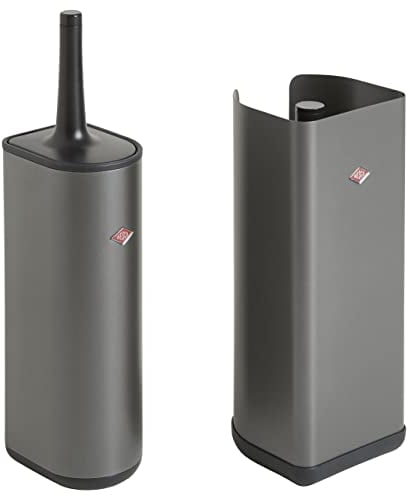 Wesco Set aus 1x Toilettenbürste LOFT aus pulverbeschichtetem Stahlblech mit Silikonbürste und 1x Papierrollenhalter LOFT in Halbrunder Form mit Kunststoff Sockel - Farbe: Graphit Matt
